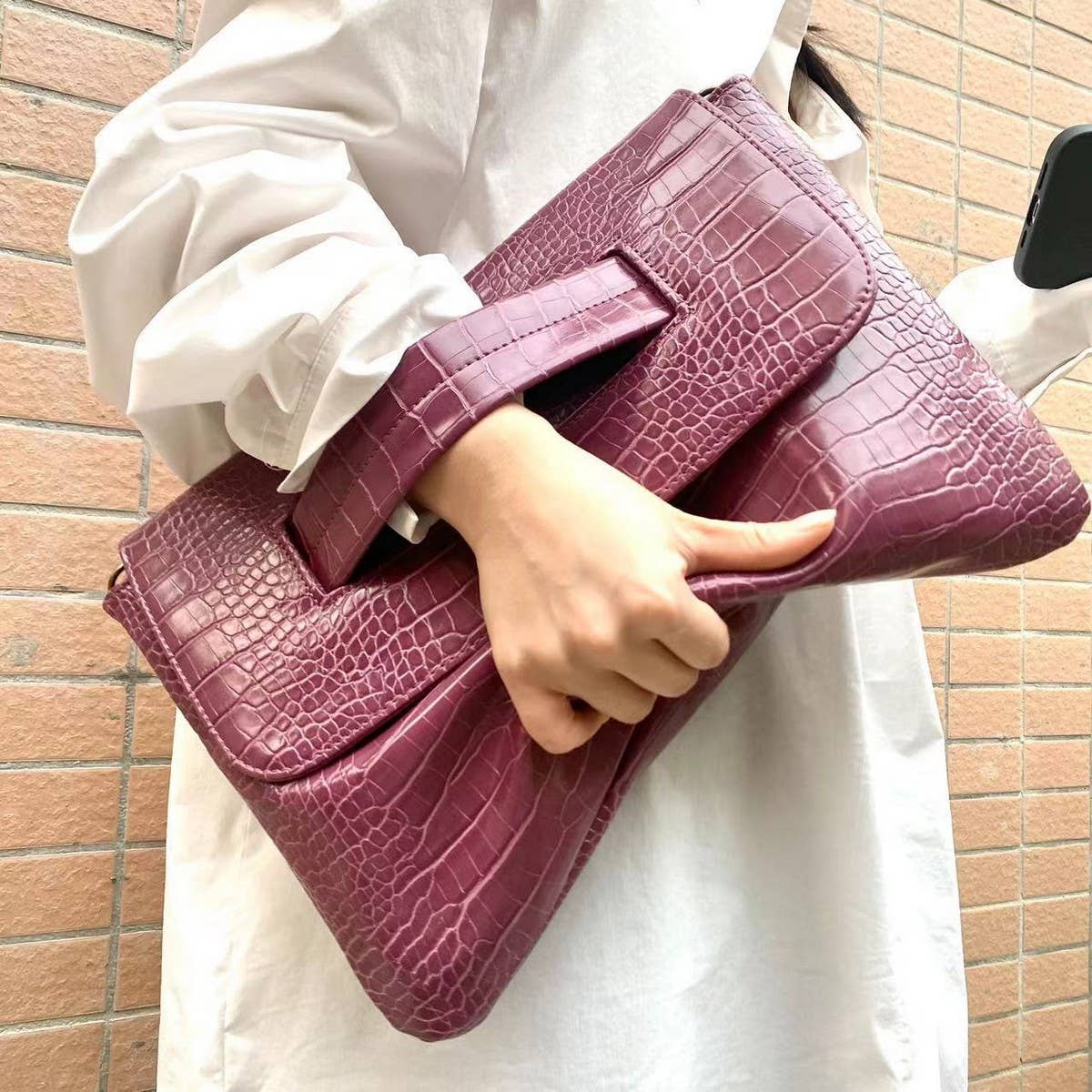 Wine Croc-Embossed Statement Bag