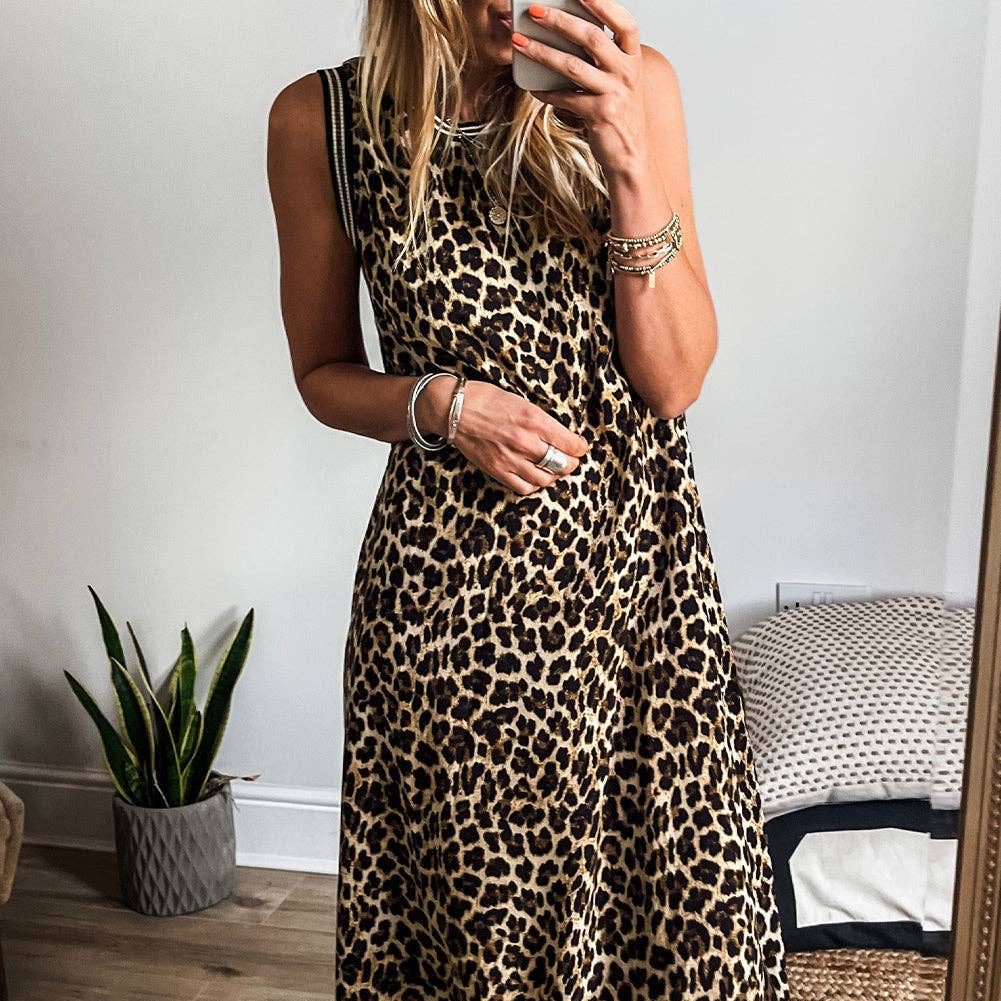 Leopard Print Sleeveless Maxi Dress with Striped Trim