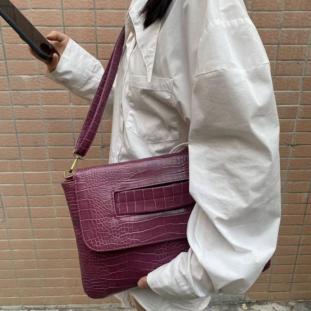 Wine Croc-Embossed Statement Bag