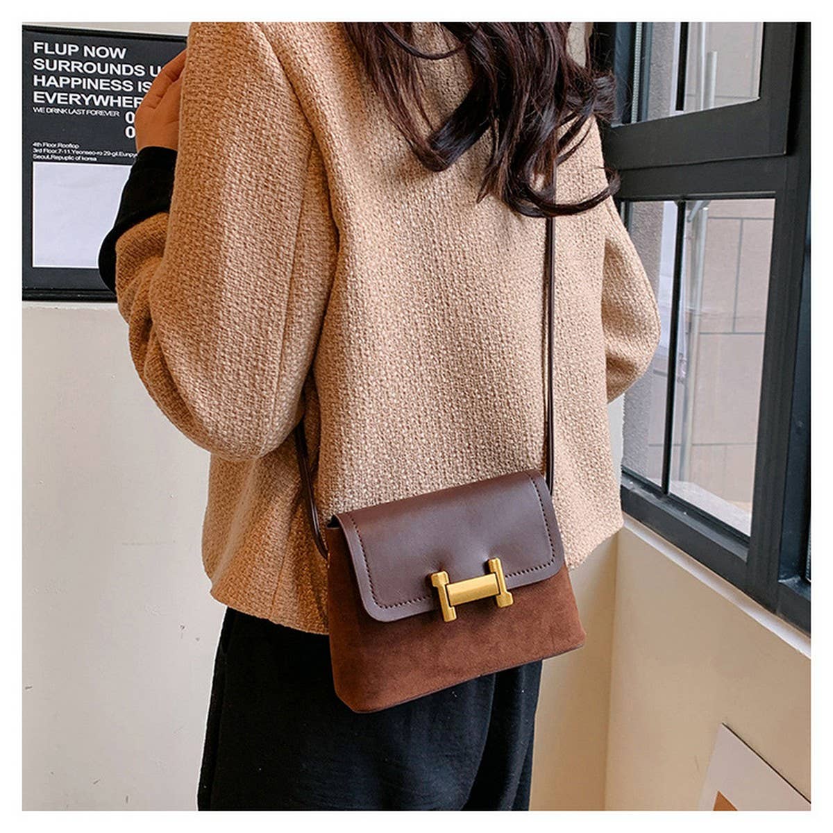 Classic Brown Crossbody Bag with Gold Clasp