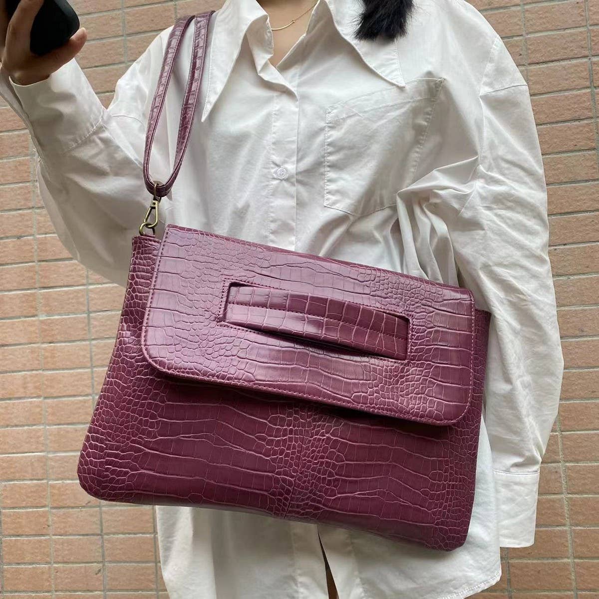 Wine Croc-Embossed Statement Bag