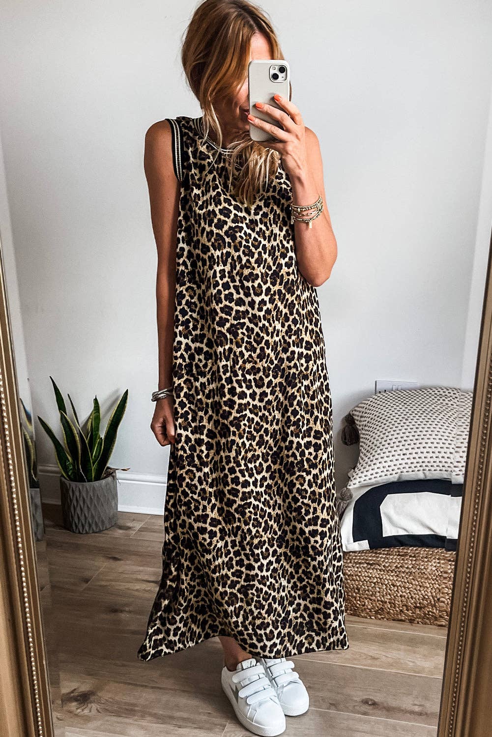 Leopard Print Sleeveless Maxi Dress with Striped Trim