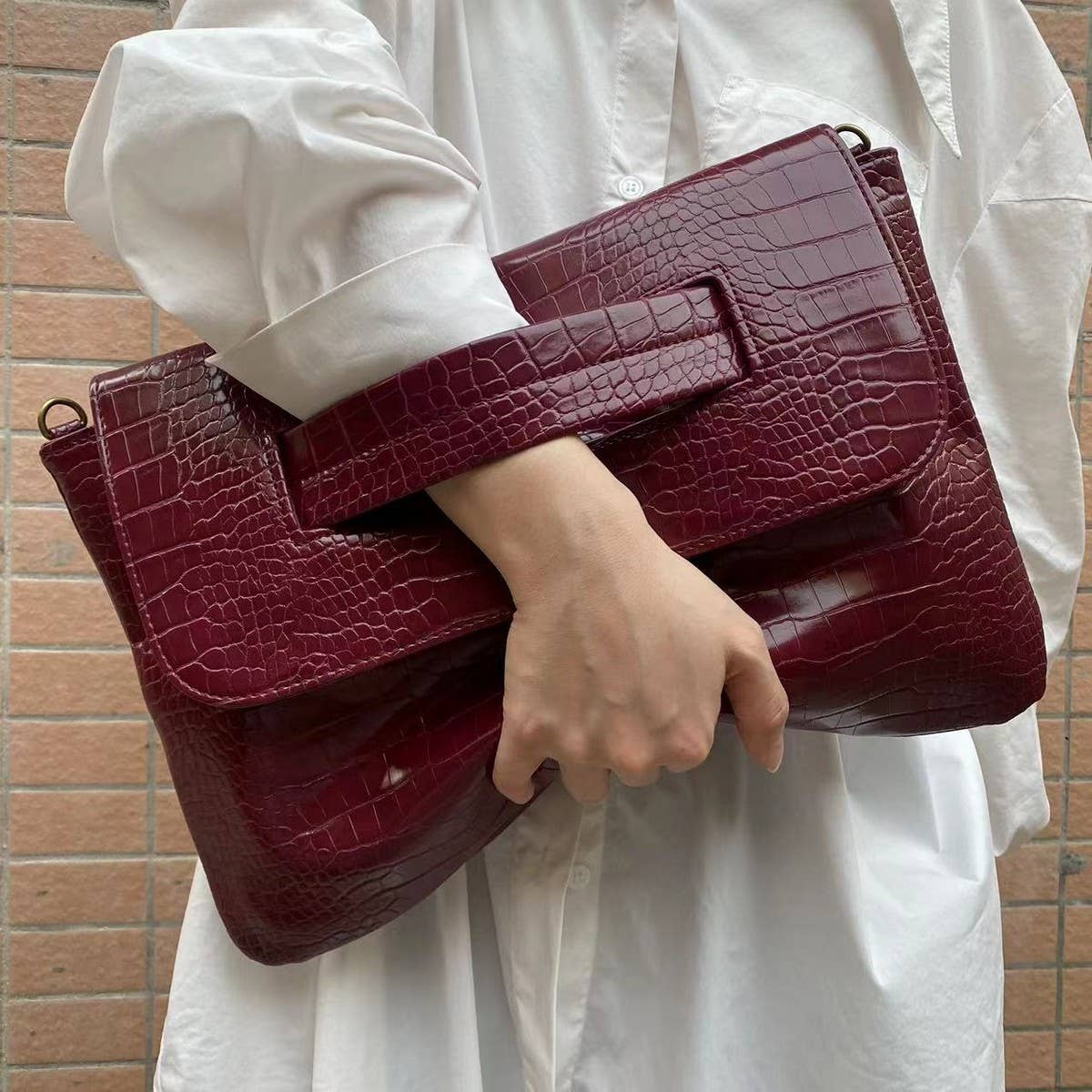 Wine Croc-Embossed Statement Bag